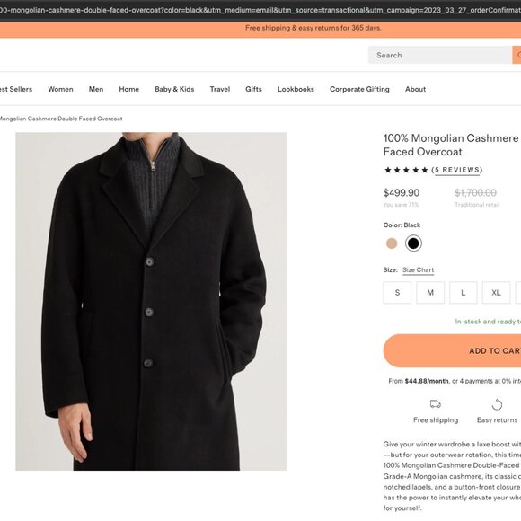 100% Mongolian Cashmere Double-Faced Overcoat -- Size S -- Black - Picture 11 of 13